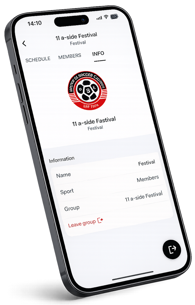 The Abler app on a phone, showing a club's festival group details